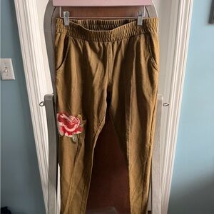 Women’s Size M Olive Joggers with  Embroidered Rose